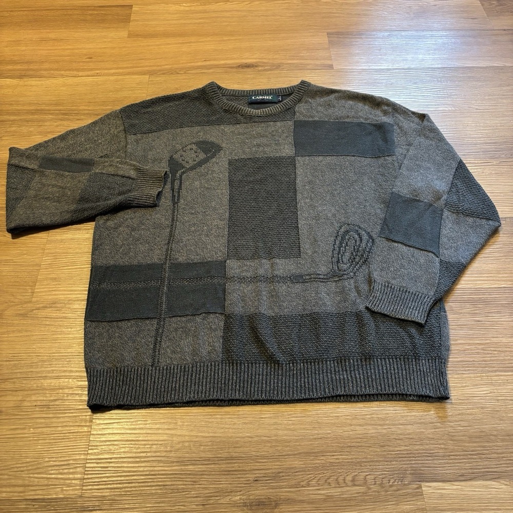 VTG 90s Carmel Sweater Men's Large Green Patchwork Golf Clubs Cotton Knit USA